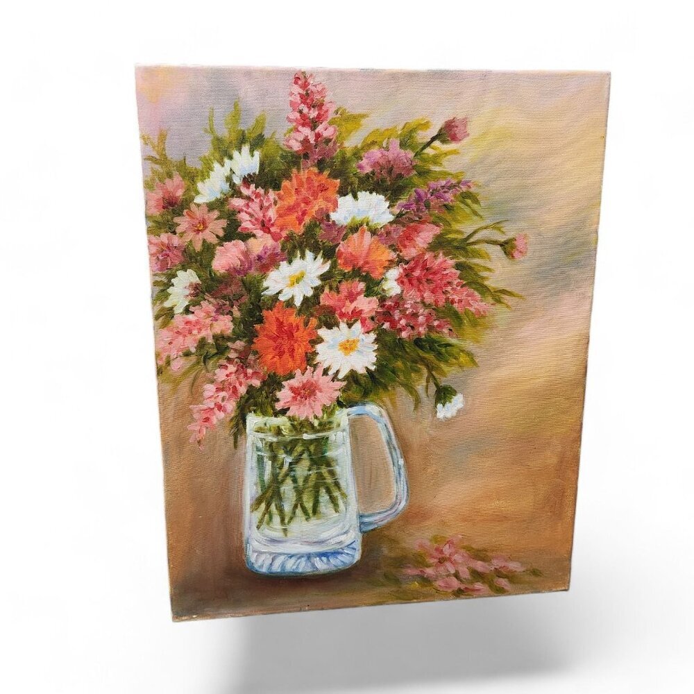 Oil original Still Painting on canvas size 20x16 inches Glass Vase Floral Signed
